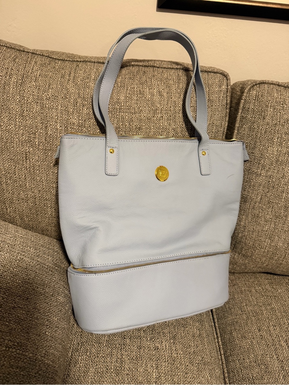 Joy Mangano Double Decker Light Blue with Gold Accent, leather tote & wristlet